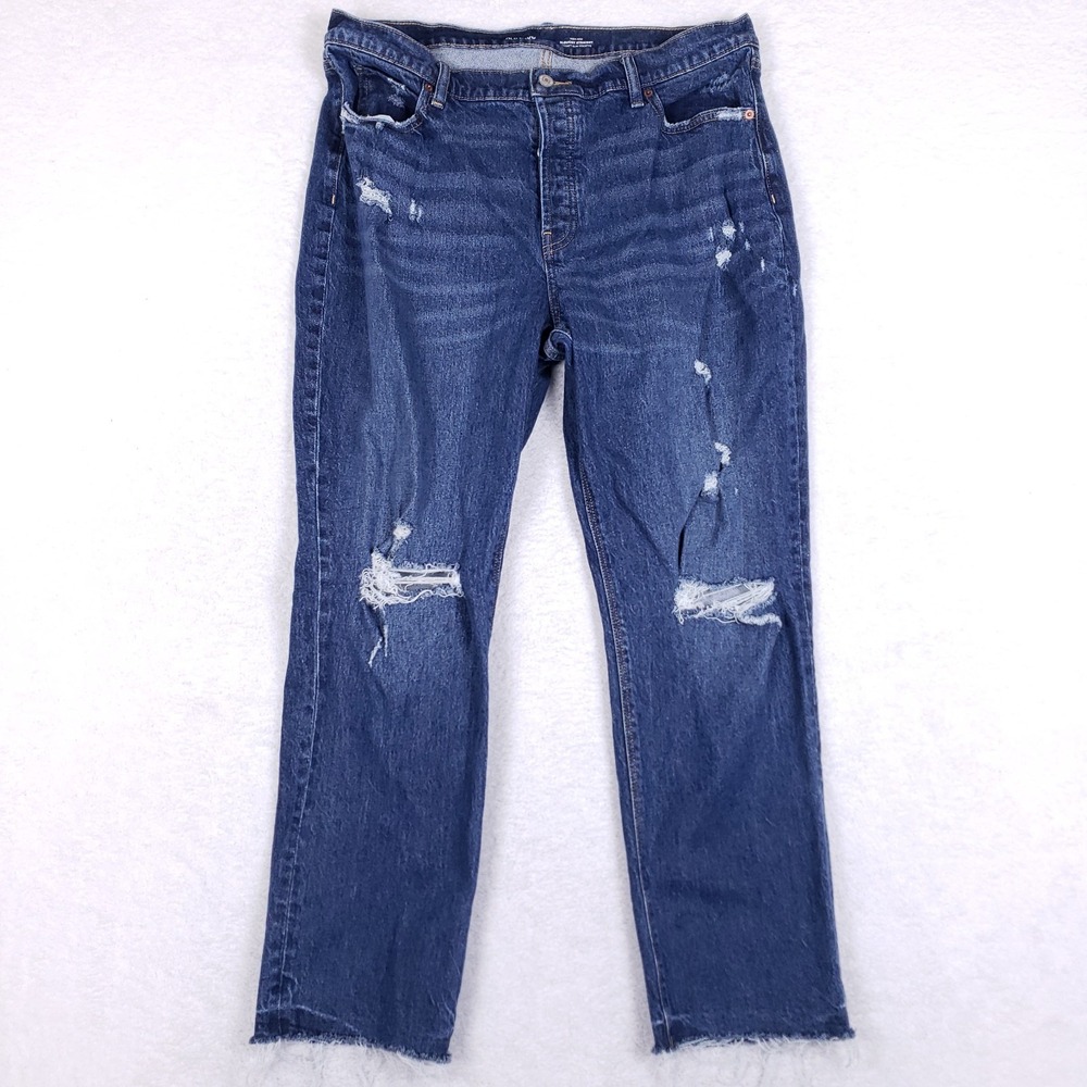 Old Navy Slouchy Straight Jeans 14 High Rise Distressed Blue Raw Hem Button‎ Fly